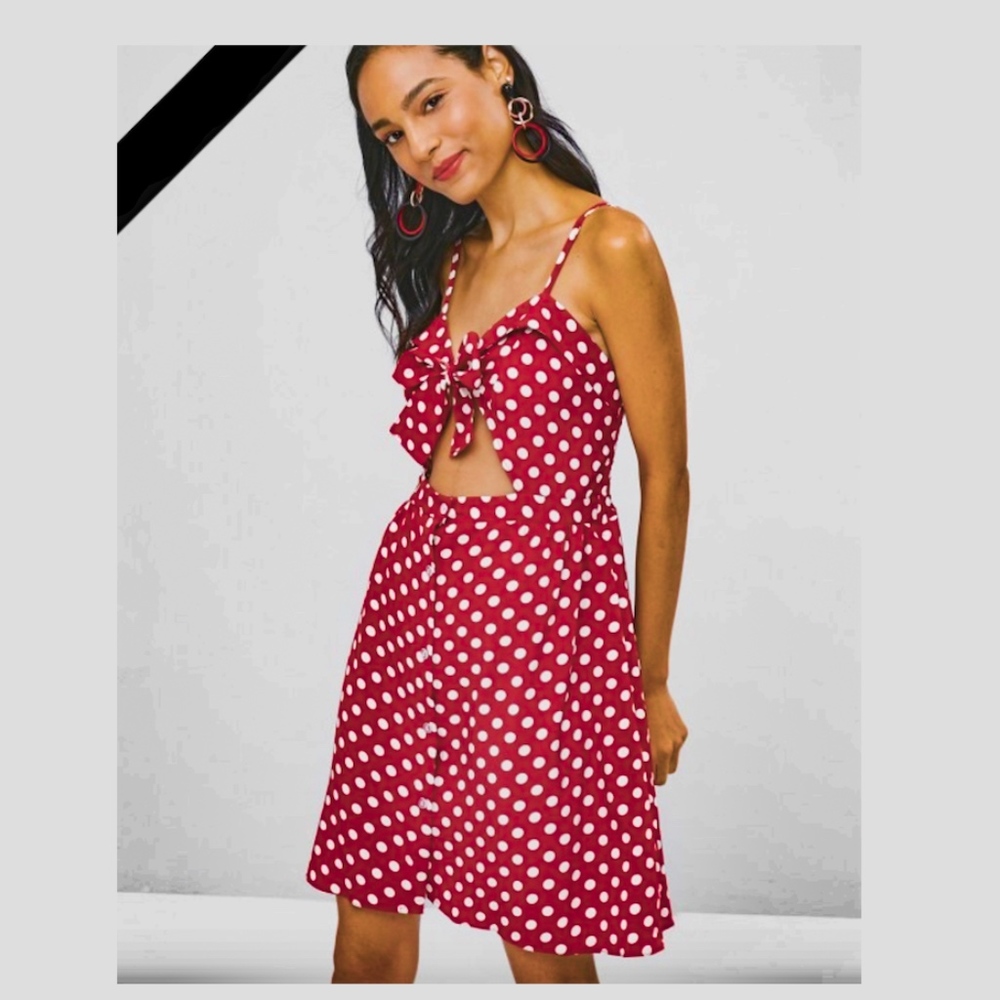 Red polka dot front tie dress